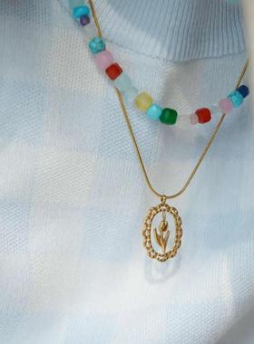 辛芷蕾白鹿同款多巴胺彩色天然石串珠项链颈链女叠戴轻奢小众