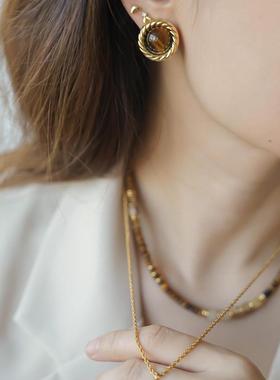 复古电镀18K厚真金天然毛衣链虎眼石吊坠项链饰品锁骨链原创设计