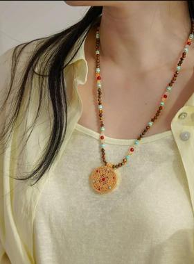 虎眼石玛瑙串珠古法镀18K真金八宝罗盘吊坠气质锁骨链项链女复古
