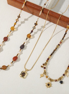 天然石串珠不锈钢项链美拉德虎眼石感不掉色叠戴长毛衣链秋冬