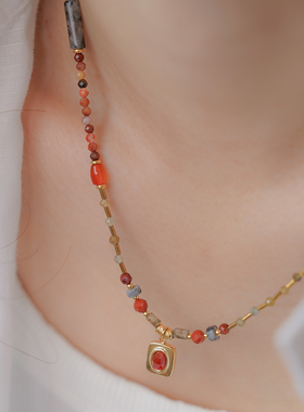 法式复古安可拉红吊坠项链