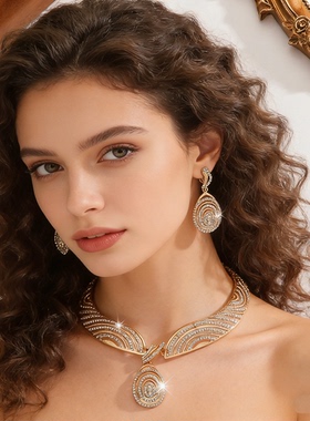 镂空水晶项链耳环套装吊坠锁骨链