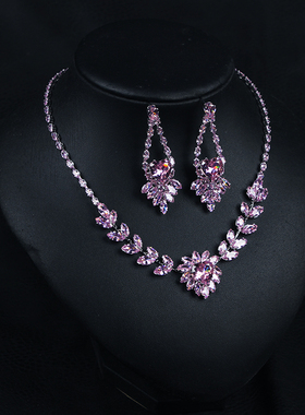 欧美重工锆石桃心项链耳环套装