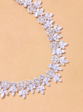 轻奢网红麦穗简约时尚锆石耳环项链套装礼服晚宴新娘配饰锁骨链