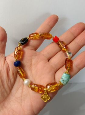 波罗的海金花珀随形长桶珠手串鲜艳明黄色天然琥珀爆花多宝配饰