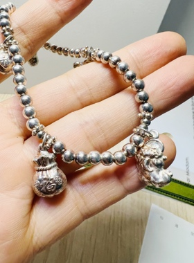 原创设计款925纯银五福手链4mm搭配貔貅+如意锁+花生+福壶+钱袋