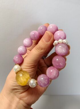 高货大尺寸水晶皇后紫锂辉手串猫眼光晕满拉丝黄萤石天然珍珠跑环