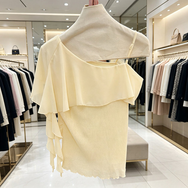 ຄໍເຕົ້າໄຂ່ທີ່ເກົາຫຼີ oblique shoulder ruffle ສາມມິຕິລະດັບດອກ suspender ເສື້ອທີເຊີດສໍາລັບແມ່ຍິງ summer ເຊື້ອເຫັດອອກແບບແອວແອວ ribbon ເສື້ອ