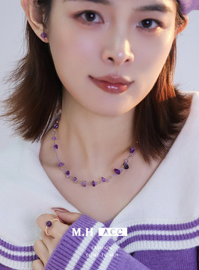 九离紫火紫色天然碎石项链女款时尚精致百搭紫水晶锁骨链颈链