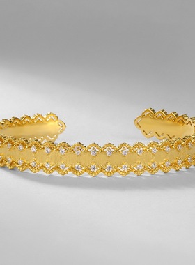 S925纯银蕾丝点钻拉丝开口手镯