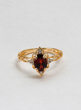 S925银镶14K金红石榴戒指百搭