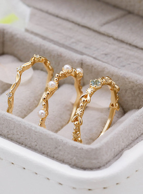 S925银日系小清新树叶白锆戒指