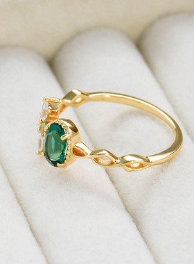 敦丽珠宝2023年新款 日系小众复古风S925银镀14K金绿水晶白锆戒指