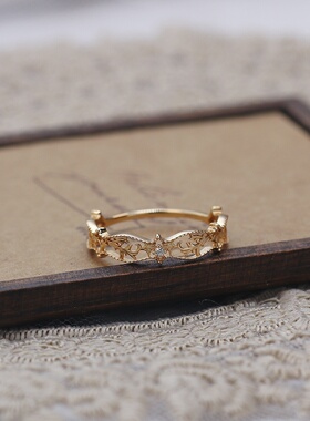 宫廷风镶钻树叶925银戒指