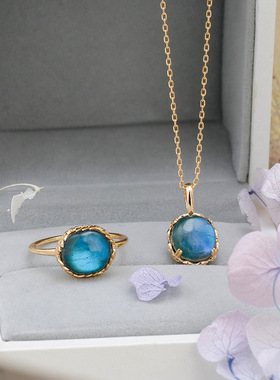 日系复古拉长石孔雀石S925银戒指