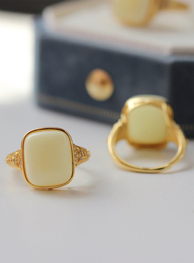 天然方形白蜜戒指s925银镶嵌