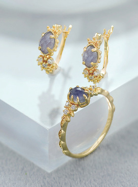 纯银天然堇青石拉长石戒指套装