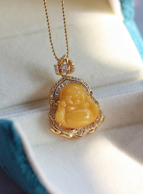 天然鸡油黄蜜蜡佛公吊坠