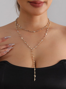 欧美跨境饰品时尚爱心水钻交替Y型项链个性百搭长款街拍necklace