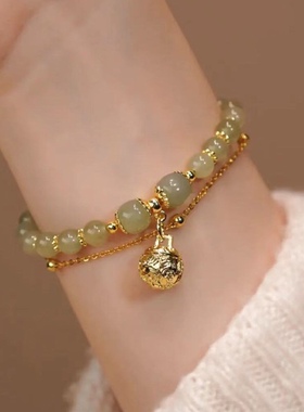 一步一响手镯网红爆款k金铃铛手串配珠天然和田玉手链ins小众设计