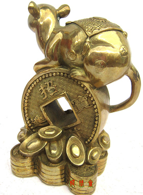 小老鼠金钱元宝鼠纯铜质风水摆件