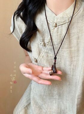 新中式木质兰花吊坠编绳毛衣链