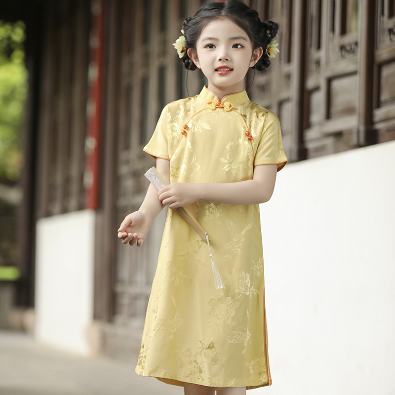 儿童旗袍夏季2024年新款中国风女童汉服新中式连衣裙中长款裙子 - 图1