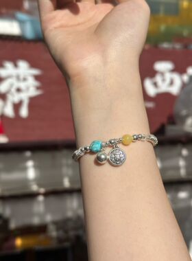 西藏拉萨扎基拉姆纯银盘缠手串手链纯银黄财神盘缠手链包邮