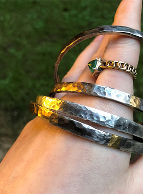 原创锤纹情侣纯银拼纯金对戒手镯