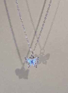 蓝色蝴蝶吊坠项链女锁骨链