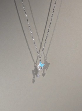 蓝色蝴蝶吊坠项链女锁骨链