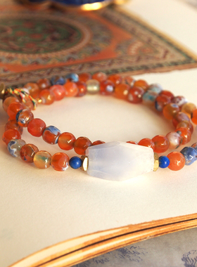 蓝纹玛瑙橙玛瑙双圈撞色个性亮眼