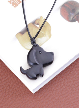 黑檀木可爱小狗可调节绳吊坠项链