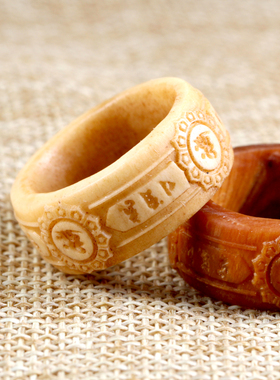 骨质文玩鹿角六字真言戒指星月