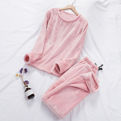 冬季法兰绒家居服秋冬季情侣加绒加厚套装纯色大码宽松珊瑚绒睡衣 - 图2