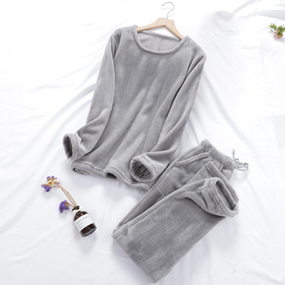 冬季法兰绒家居服秋冬季情侣加绒加厚套装纯色大码宽松珊瑚绒睡衣 - 图0