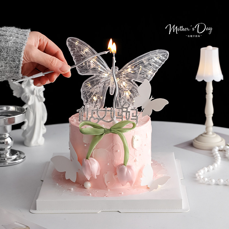 2025母亲节蛋糕装饰发光蝴蝶灯摆件郁金香花苞水钻仙女妈妈插件,淘宝优惠券,粉丝福利购,淘宝优惠卷