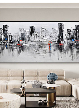 纯手绘油画现代简约横幅抽象客厅背景墙装饰画黑白挂画卧室床头画