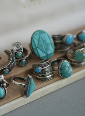 睡莲生生世世 925纯银绿松石戒指印第安阿美咔叽风格复古指环