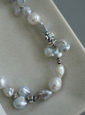 睡莲生生世世 原创设计银蓝色蝴蝶结珍珠925纯银项链个性锁骨链