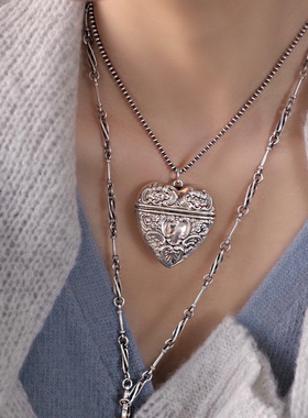 925纯银 古董风格老式烟灰缸个性桃心月亮美人鱼元素镂空相盒吊坠