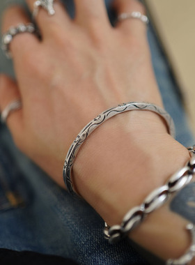 睡莲生生世世 925纯银复古阿美咔叽印第安纹元素开口可调节手镯