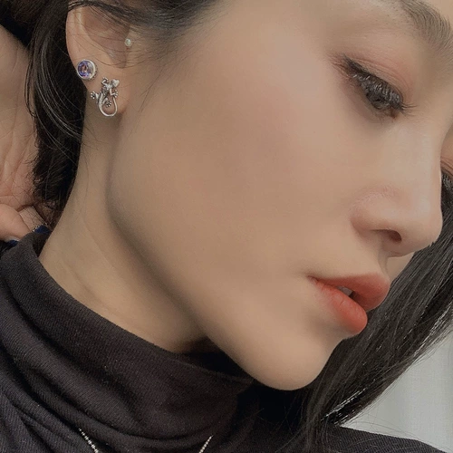 Серьги, ретро кролик, серебро 925 пробы, кот, лев, с драгоценным камнем