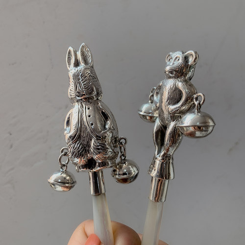 925纯银摆件 精致收藏老式天然贝壳兔子动物造型手摇铃新生儿礼物 - 图2