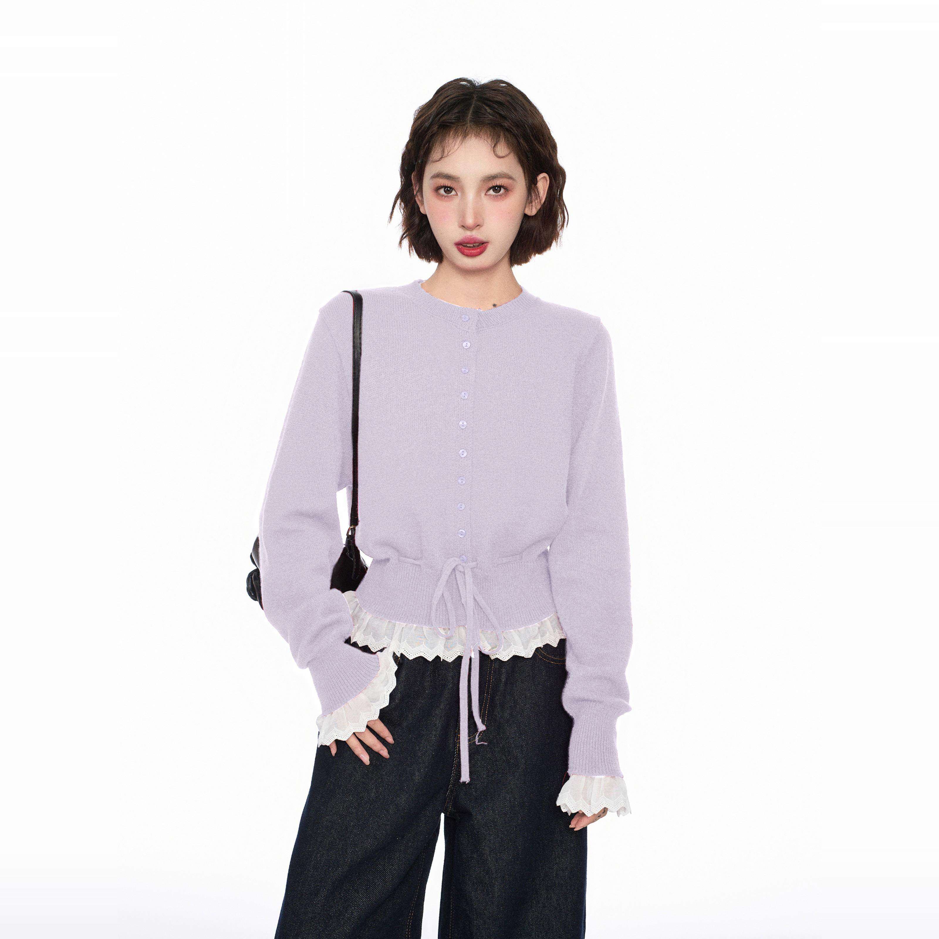 淡紫色假两件蕾丝针织开衫女秋冬设计感收腰毛衣外套短款上衣秋季,淘宝优惠券,粉丝福利购,淘宝优惠卷