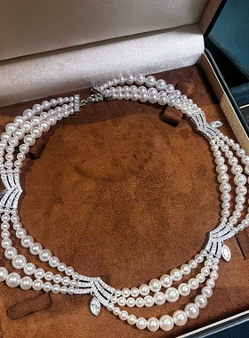 复古多层珍珠锆石项链女轻奢宴会礼服配饰高级感锁骨链婚纱照首饰