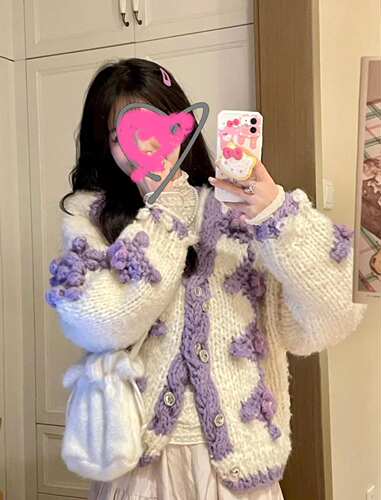 MMC 甜美风重工手工钩花球球加厚短开衫女秋冬新款小清新棒针毛衣 - 图0