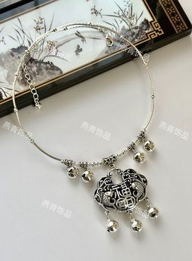 中国风汉服儿童成人款颈链项圈饰品金银色铃铛长命锁项链锁骨链女