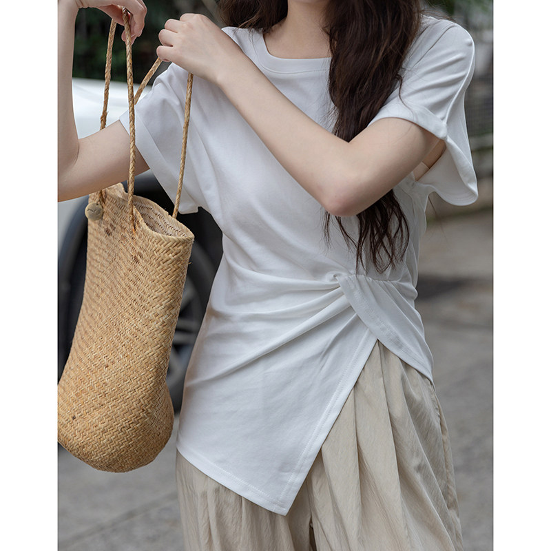 觅定圆领纯棉白色短袖T恤女夏2023新款修身不规则上衣设计感小众_虎窝淘