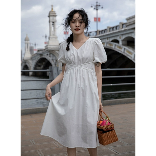 Белое платье, летний приталенный корсет, длинная юбка, французский стиль, изысканный стиль, средней длины, городской стиль, коллекция 2022